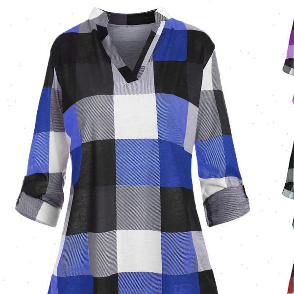 

sale womens blouses plus size fashion ladies roll up sleeve v neck checked plaid printed shirt blousekobiety bluzki 45, White