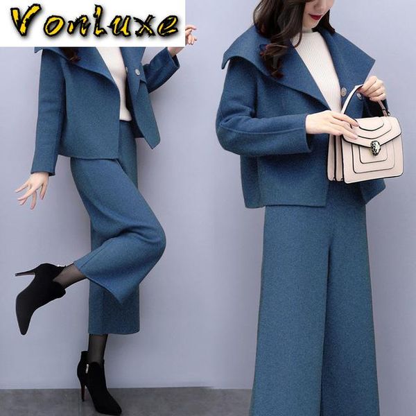 

wool autumn winter high waist wide leg pants suit women 2 two piece set office lady elegant blazer jacket trousers outfit female women', White