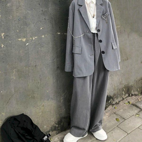 

spring autumn 2 piece sets women outfits female suit british style small blazer long-sleeved shirt wide-leg casual trousers women's tra, Gray