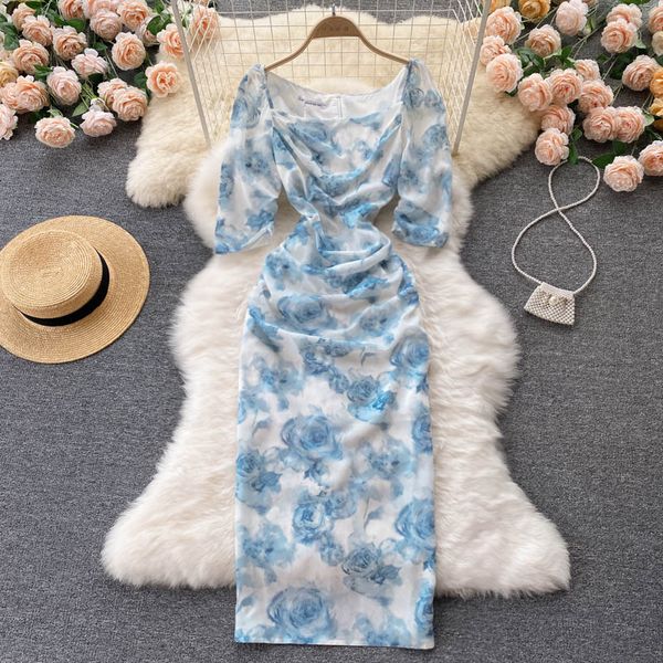 

square collar floral draped bodycon dress women summer square collar short sleeve high waist blue tie dye vestidos 2021 new, Black;gray