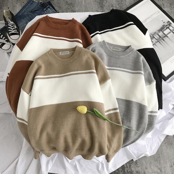 

winter sweater men warm fashion contrast color casual o-neck pullover man streetwear wild loose striped men's sweaters, White;black