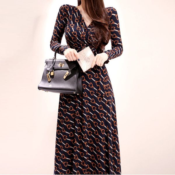 

spring korean temperament v-neck retro lace-up waist printed wrap, Black;gray