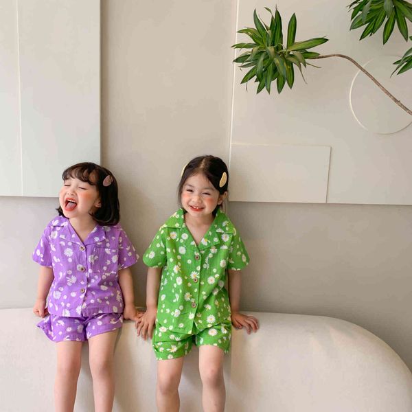 Verão Novo Criança Bebé Menino Roupa Set Menina Moda Dos Desenhos Animados Flor Flor Padrão de Manga Curta Camisa + Kid Boy Shorts Pant 2pcs 210413