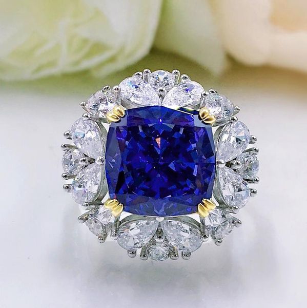 

cluster rings 2021 tanzanite blue ring female 11*11 flower cut 5a zircon factory direct sales fashion simple, Golden;silver