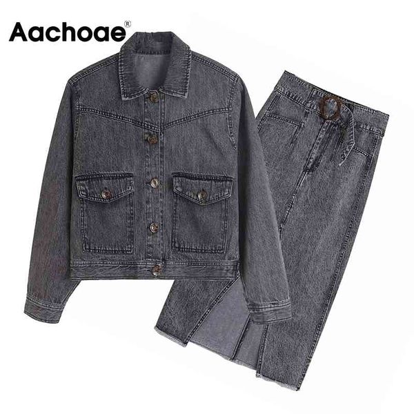 

aachoae women cotton gray denim skirt and jacket set high street pockets coat set high wasit sashes split skirt outfit 210413, White