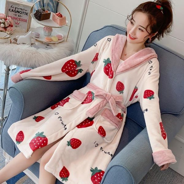 

women's sleepwear warm pajamas women winter bathrobes cute sweet fruit print cartoon soft flannel beauty home clothes comfortable, Black;red