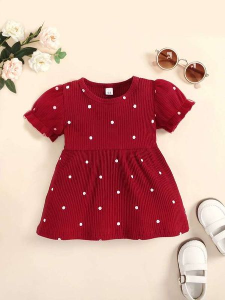 

baby polka dot print puff sleeve dress she, Red;yellow