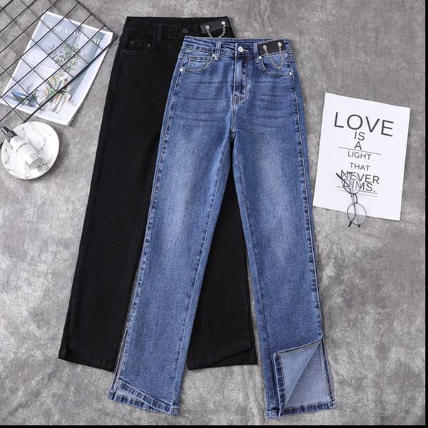 

lente nieuwe split rechte womens jean vrouwen hoge taille stretch denim vrouwelijke plus size onregelmatige enkellange broek met ketting zwa, Blue