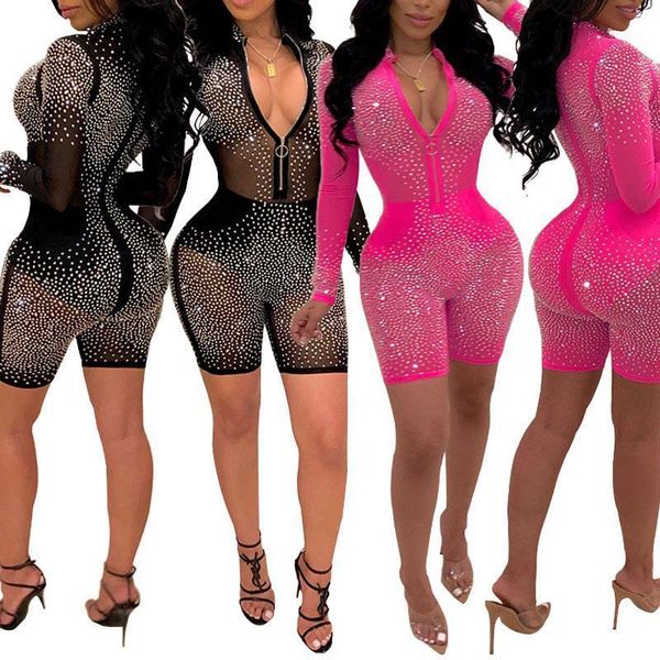 

women's sequined mesh rhinestone hollowed see-through tight bodycon jumpsuit long-sleeved zipper v neck for clubwear party1, Black;white