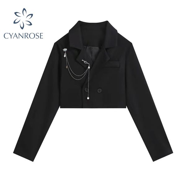 Gothic Punk Crop Blazer Пальто куртки Женский с длинным рукавом Черный кардиган с двубортной цепью дизайн цепи гот мода верхняя одежда 210417