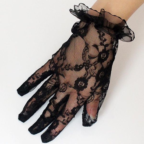 

five fingers gloves women vintage sheer short lace tea party wrist length black for dinner fancy costume accessories, Blue;gray