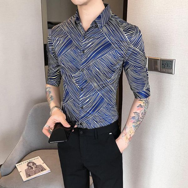 

korean summer half sleeve men floral shirts fashion business casual slim fit striped social shirt male clothing streetwear 3xl- men's, White;black