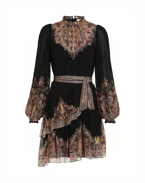 

australian brand round neck lantern sleeve floral slim dress, Black;gray