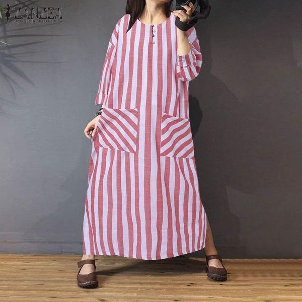 

casual dresses 2021 stylish women zanzea ladies maxi long vestidos spring sleeve robe femme oversized 5xl striped sundress, Black;gray
