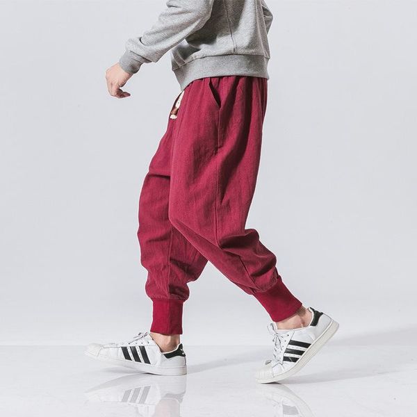 

men's pants chinese style harem men streetwear casual joggers mens cotton linen sweatpants ankle-length trousers m-5xl, Black