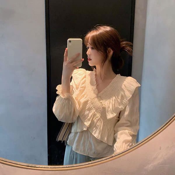 

women's blouses & shirts chic sweet irregular ruffles patchwork women blouse v-neck flare long sleeve pullover summer 2021 elegant all-, White
