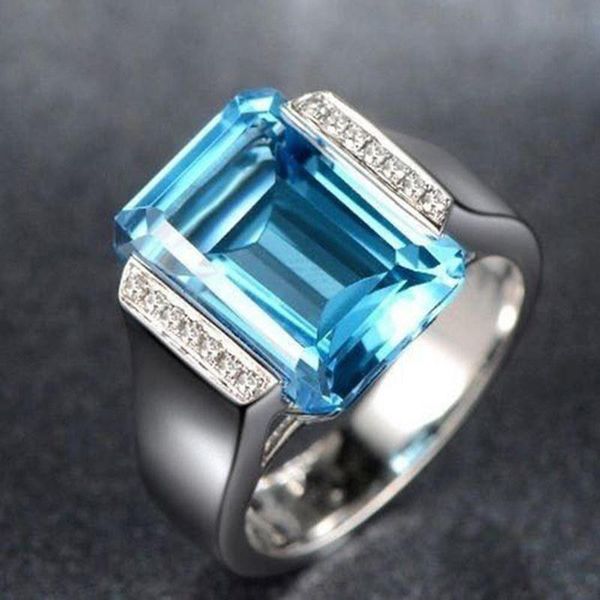 

wedding rings classic square cut sea blue gems ring white gold filled zircon crystal cocktail party men women engagement jewelry, Slivery;golden