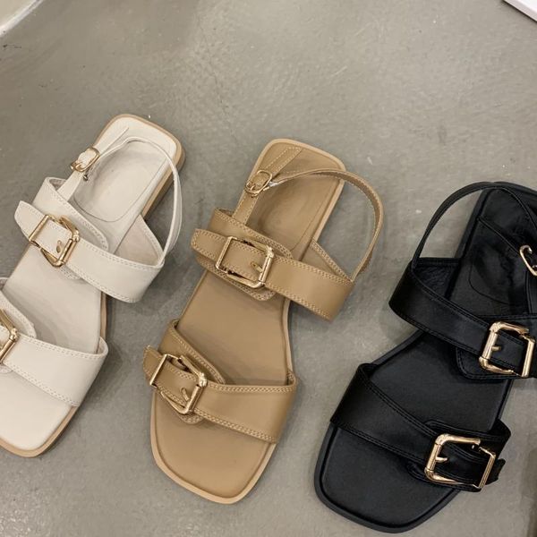 

sandals women 2021 fashion buckle strap retro roman style khaki leather casual black summer dress