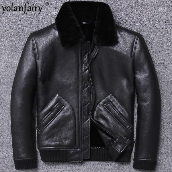 

men's leather & faux 2021 winter genuine jacket men sheep shearling coat for real wool fur lining motorcycle este cuir homme u804 kj319, Black