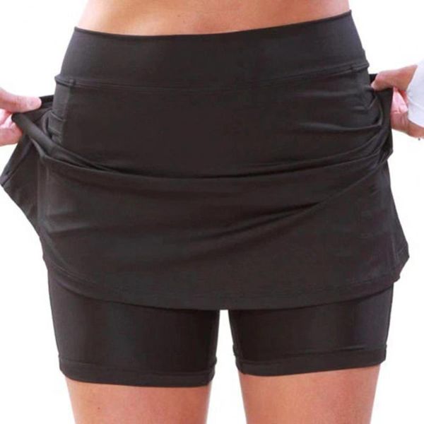 

yoga outfit mid waist fake two piece shorts skirt solid color side pockets double-layer women fitness sportwear exercise