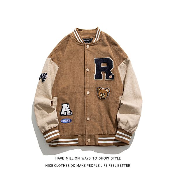 

women's jackets new arrival autumn and spring patchwork cute bear embroid corduroy baseball varsity jacket men's bomber coa, Black;brown