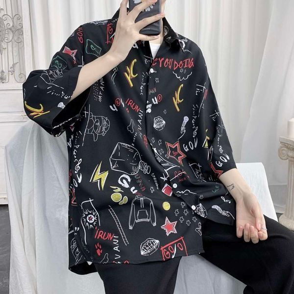 

men's casual shirts shirtshort shirt men's summer thin student floral 7 4 sleeve korean fashion loose large half coat uzxr, White;black