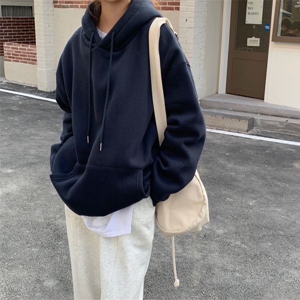 

fashion casual plus velvet thick warm hooded sweatshirt women ol all match loose sweatshirts solid outwear 210421, Black