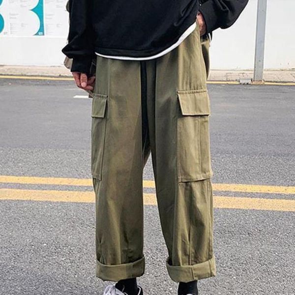 

men's pants streetwear khaki cargo men korean fashion hippie black wide leg trousers for male kpop oversize joggers 2021