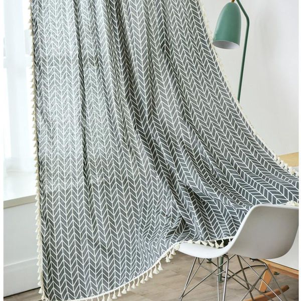 

american country style cotton linen stripe tassel curtain window hanging blackout for living room easy drape & drapes