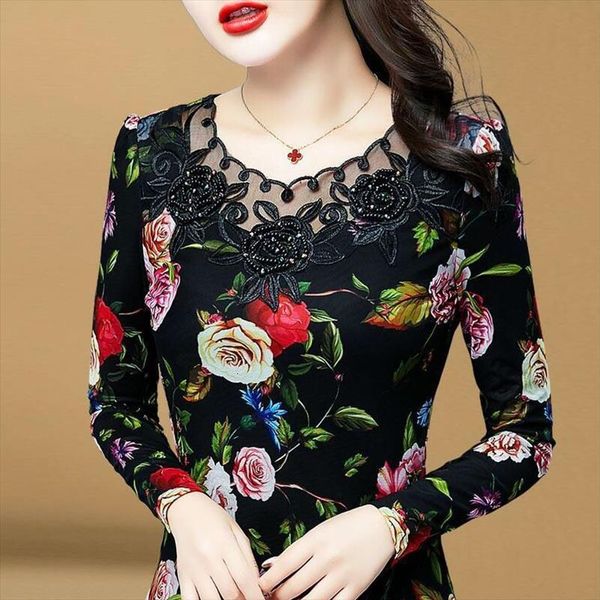 

autumn winter long sleeved womens blouses lace bottoming printing mesh gauze lady warm underwear plus 5xl, White