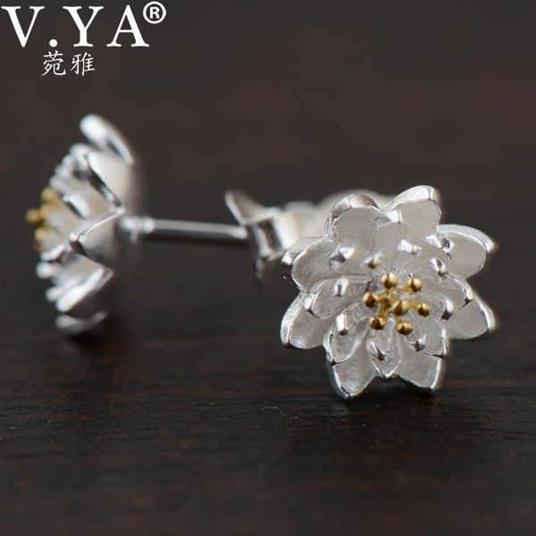 

v.ya 925 sterling silver lotus flower earrings for women girls gift mini fashion ssterling-silver-jewelry stud, Golden;silver