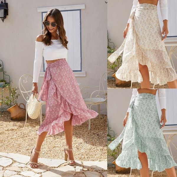 

skirts summer 2021 fashion floral chiffon skirt with lace for ladies irregular slit skirthigh waist flounce slim midi, Black