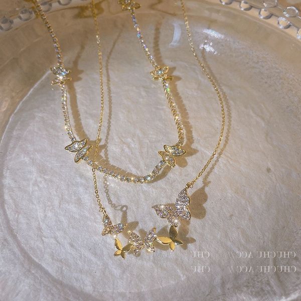 

chain women pendants real gold electroplating korean fashion micro inlaid zircon necklace with diamond butterfly, Silver