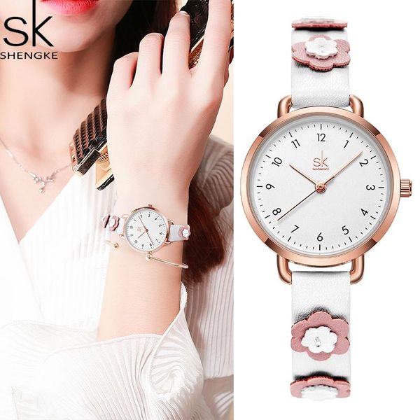 

wristwatches shengke ladies leather quartz clock fashion simple with florals waterproof female montre femme, Slivery;brown