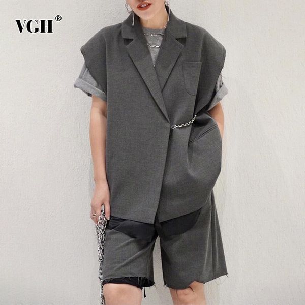 

women's tracksuits vgh solid shorts sets female notched sleeveless patchwork metal chain coat high waist loose short pants suit 2021 sp, Gray