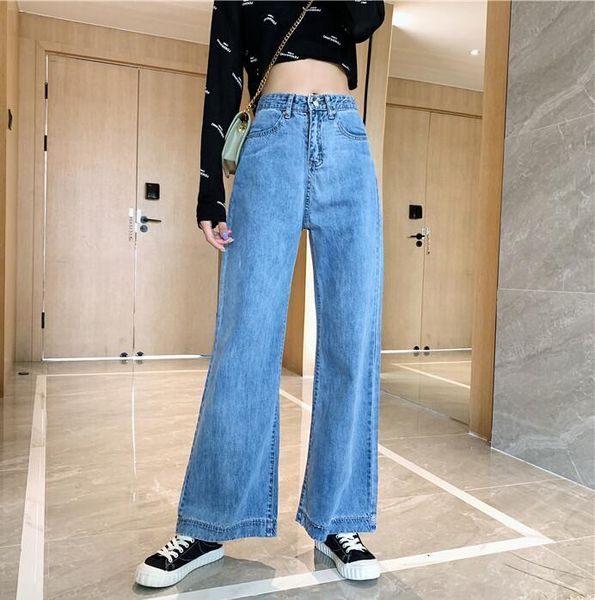 

retro washed temperament high waist loose wide leg jeans women's, Blue