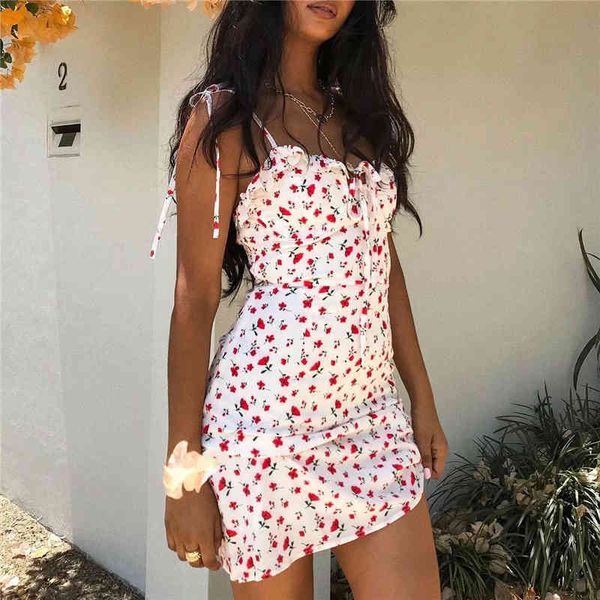 

elegant women floral print dress fashion ladies bow v-neck strap sweet female chic ruffles mini es 210430, Black;gray
