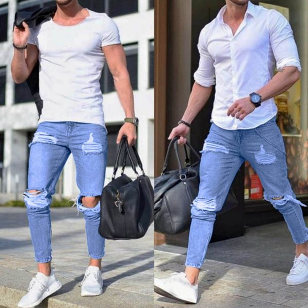 

ripped jeans for men's hole stretchy ripped skinny biker jeans destroyed taped slim fit denim pants for male_yw_rw, Blue