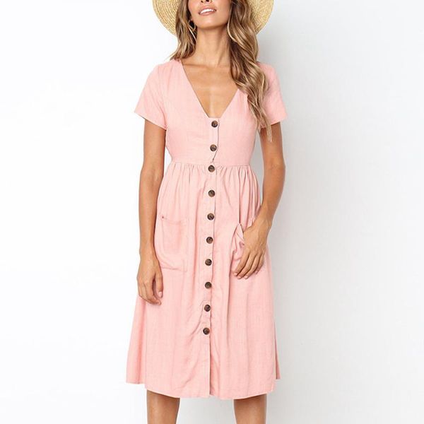 

maternity dresses women sleeveless pink button pocket v-neck casual long maxi nursing dress breastfeeding pregnant clothes, White