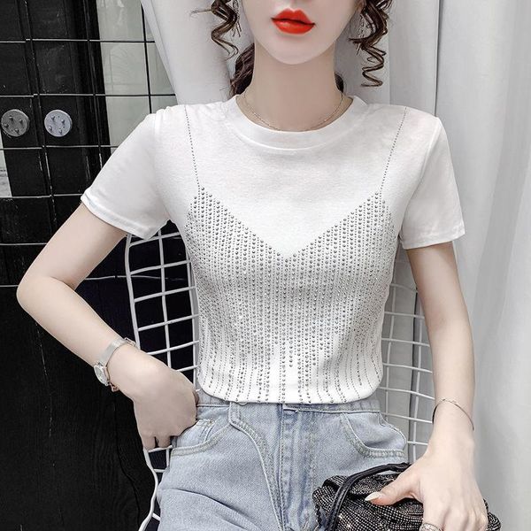 

women's t-shirt easycore women solid color short cotton korean fashion sling style -drilling crop, White
