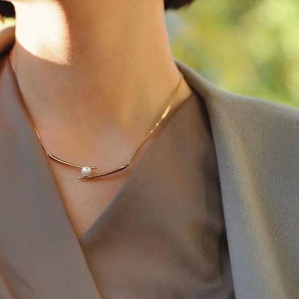 

chains artificial pearl necklaces woman geometric necklace women minimalist shiny pendant chain lovers gold color kpop alloy collares, Silver