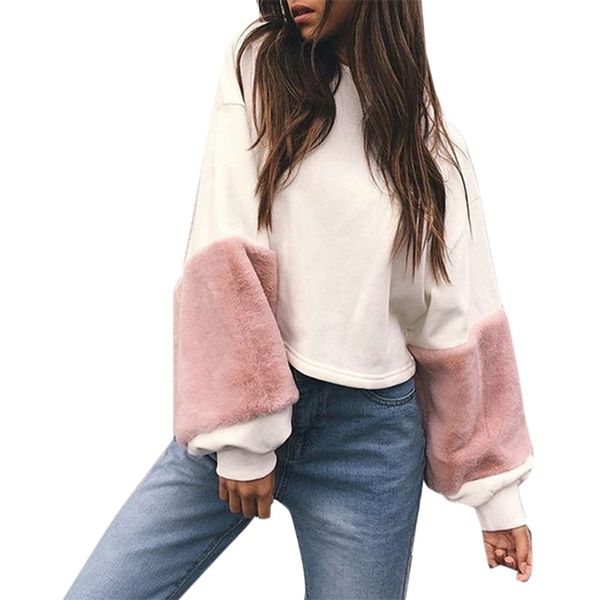 

patchwork long sleeve cotton sweatshirt women o neck white casual pullovers puff sleeve hoodies oversize sweatshirt 210518, Black