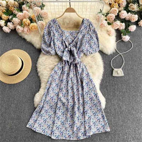 

women's wear fashion square neck knotted hollow short sleeve floral print mini a-line dress vestido de mujer s340 210527, Black;gray