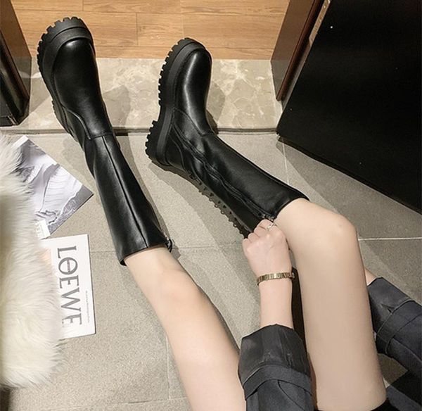 

boots versatile flat fall british style knights' winter 2021 bottomed heel back lace, Black