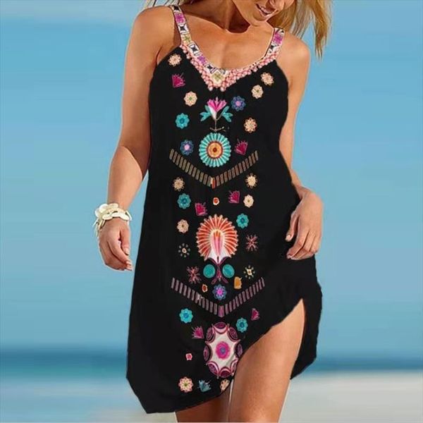 

large size sleeveless boho women dresses casual maxi plus s 2xl bohemian style womens printed, Black;gray