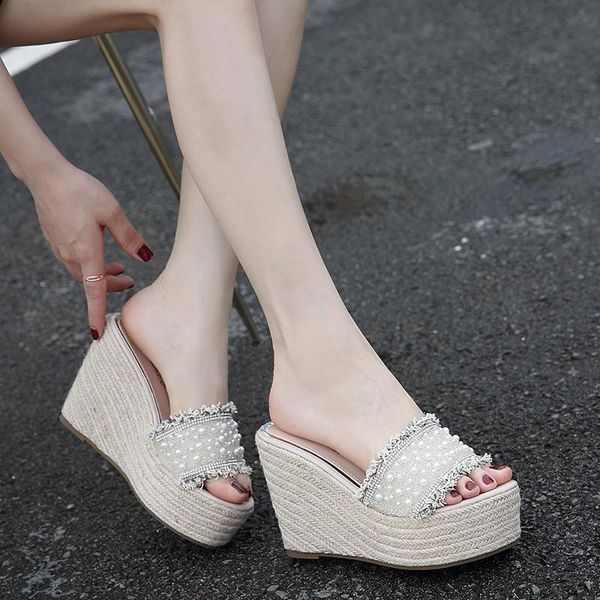 

slippers outer wear women's shoes summer fashion high-heeled woven pearl waterproof platform thick-soled fish mouth sandals, Black