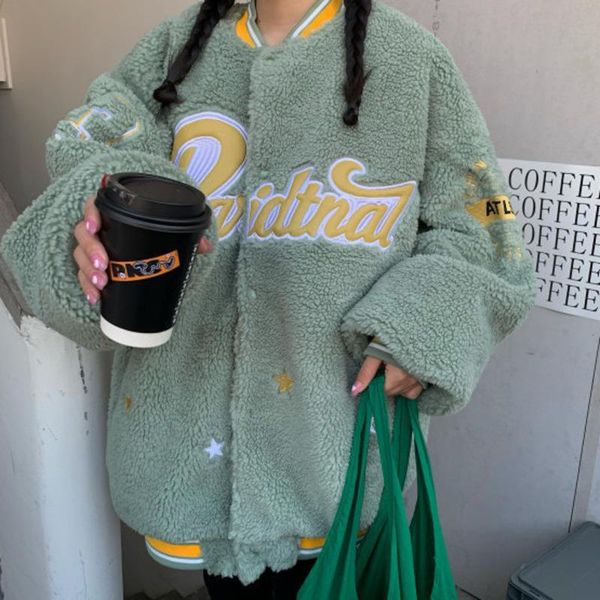 

women's jackets 2021 vintage letter star embroidery baseball uniform teddy jacket imitation cashmere baggy bomber coat, Black;brown