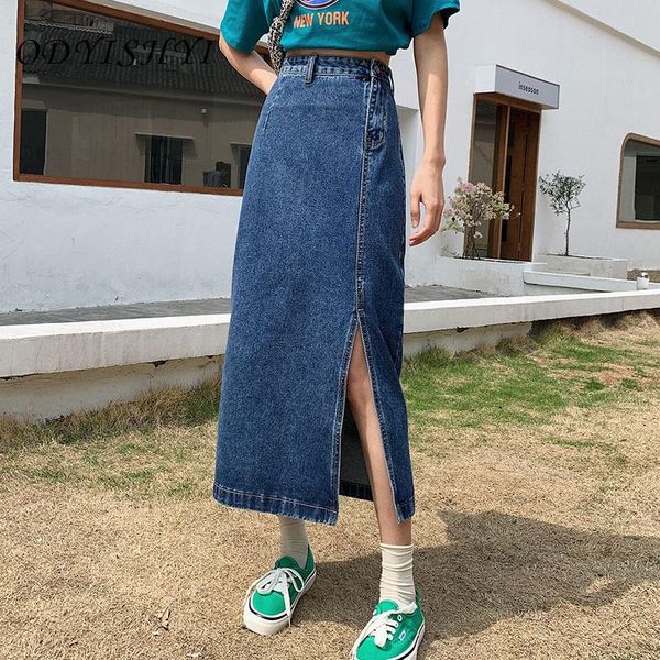 

women summer solid color casual loose denim skirt female high street slim blue split designed ladies brand ml194 skirts, Black