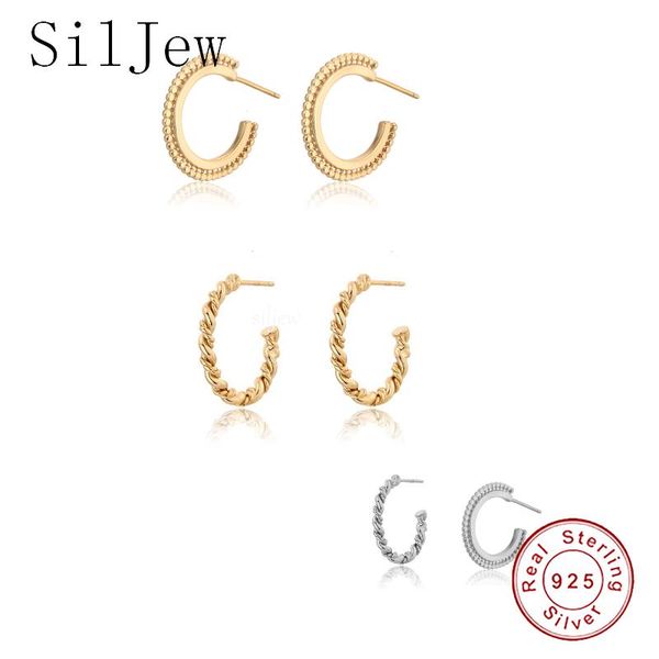 

hoop & huggie siljew 925 sterling silver twist big circle 25mm hoops round c-shaped earring fashion piercing rock punk women luxury jewelry, Golden;silver