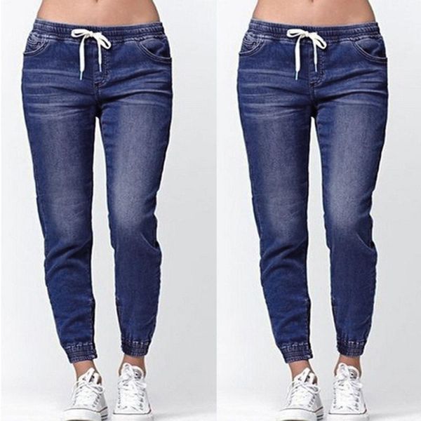 

women's jeans 3 colors women autumn elastic plus loose denim casual drawstring cropped size female, Blue